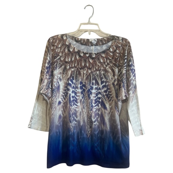Chico’s Feathers pring  Beautiful top Tan Blue colors Size 3 equivalent to XL - Picture 4 of 15